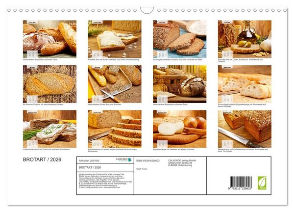 Produktbild: BROTART / 2026 (Wandkalender 2026 DIN A3 quer), CALVENDO Monatskalender