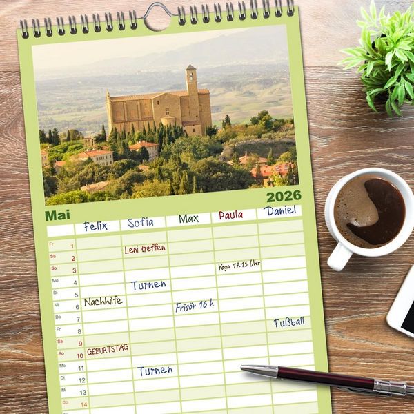 Produktbild: Familienplaner 2026 - Toskana. Livorno - Volterra - Piombino mit 5 Spalten (Wandkalender, 21 x 45 cm) CALVENDO