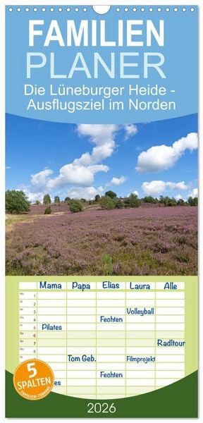 Produktbild: Familienplaner 2026 - Die L&uuml;neburger Heide - Ausflugsziel im Norden mit 5 Spalten (Wandkalender, 21 x 45 cm) CALVENDO