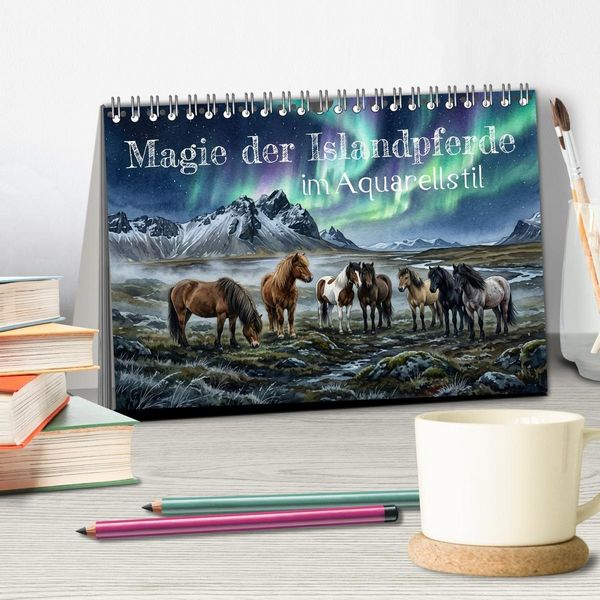 Produktbild: Magie der Islandpferde im Aquarellstil (Tischkalender 2027 DIN A5 quer), CALVENDO Monatskalender