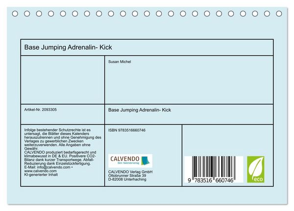 Produktbild: Base Jumping Adrenalin- Kick (Tischkalender 2026 DIN A5 quer), CALVENDO Monatskalender
