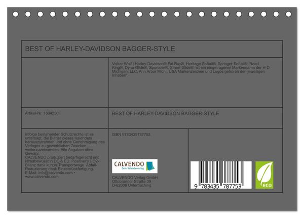 Produktbild: BEST OF HARLEY-DAVIDSON BAGGER-STYLE (Tischkalender 2025 DIN A5 quer), CALVENDO Monatskalender