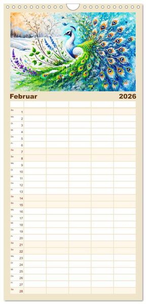 Produktbild: Familienplaner 2026 - Tanz der Pfauen - Jahreszeiten in abstrakter Eleganz mit 5 Spalten (Wandkalender, 21 x 45 cm) CALVENDO
