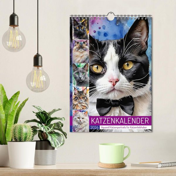 Produktbild: KATZENKALENDER - Aquarell Katzenportraits f&uuml;r Katzenliebhaber (Wandkalender 2026 DIN A4 hoch), CALVENDO Monatskalender