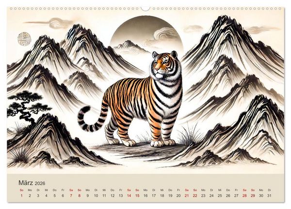 Produktbild: Chinesische Tierkreiszeichen - Kunstvolle KI-Tuschemalerei des Ostens (Wandkalender 2026 DIN A2 quer), CALVENDO Monatskalender