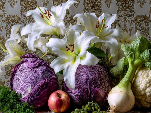 Produktbild: CALVENDO Puzzle Stillleben in Wei&szlig; und Lila mit Lilien und Rotkohl | 1000 Teile Lege-Gr&ouml;&szlig;e 64x48cm Foto-Puzzle f&uuml;r gl&uuml;ckliche Stunden
