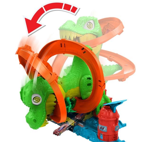 Produktbild: Hot Wheels City T-Rex-Feuerschlacht Spielset und Die-Cast-Spielzeugauto im Maßstab 1:64, gegnerischer Dinosaurier