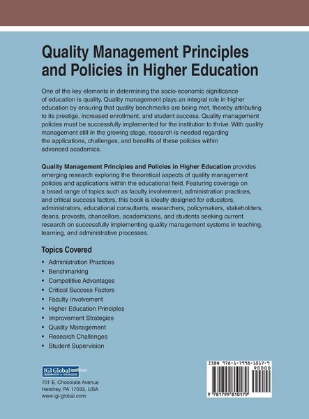Produktbild: Quality Management Principles and Policies in Higher Education