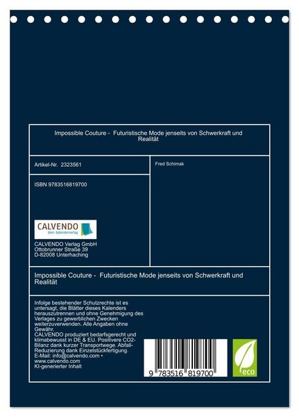 Produktbild: Impossible Couture - Futuristische Mode jenseits von Schwerkraft und Realit&auml;t (Tischkalender 2027 DIN A5 hoch), CALVENDO Monatskalender