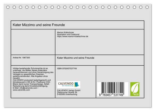 Produktbild: Kater Mizzimo und seine Freunde (Tischkalender 2026 DIN A5 quer), CALVENDO Monatskalender
