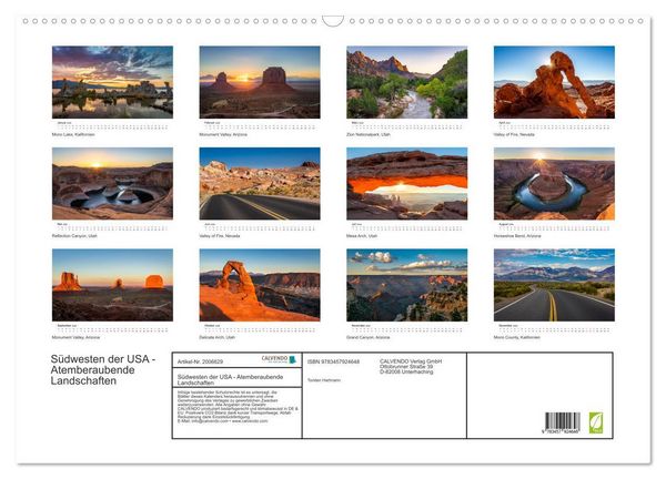 Produktbild: S&uuml;dwesten der USA - Atemberaubende Landschaften (Wandkalender 2026 DIN A2 quer), CALVENDO Monatskalender