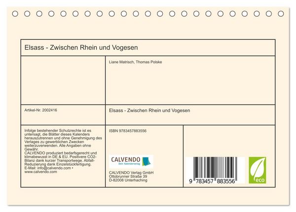 Produktbild: Elsass - Zwischen Rhein und Vogesen (Tischkalender 2026 DIN A5 quer), CALVENDO Monatskalender