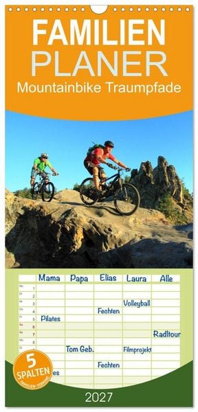 Produktbild: Familienplaner 2027 - Mountainbike Traumpfade mit 5 Spalten (Wandkalender, 21 x 45 cm) CALVENDO