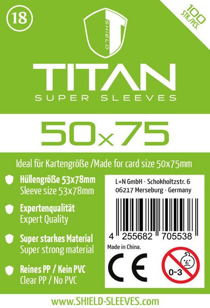 Produktbild: Shield Titan 18 - 100 Super Sleeves f&uuml;r Kartengr&ouml;&szlig;e 50 x 75 mm