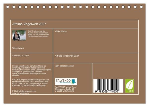 Produktbild: Afrikas Vogelwelt 2027 (Tischkalender 2027 DIN A5 quer), CALVENDO Monatskalender