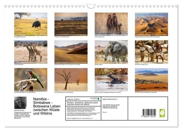 Produktbild: Namibia - Simbabwe - Botswana Leben zwischen W&uuml;ste und Wildnis (Wandkalender 2026 DIN A3 quer), CALVENDO Monatskalender
