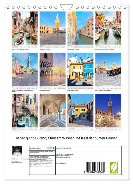 Produktbild: Venedig und Burano, Stadt am Wasser und Insel der bunten H&auml;user (Wandkalender 2026 DIN A4 hoch), CALVENDO Monatskalender