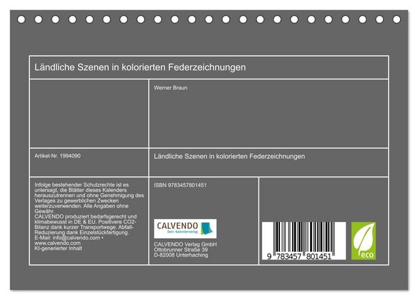 Produktbild: L&auml;ndliche Szenen in kolorierten Federzeichnungen (Tischkalender 2026 DIN A5 quer), CALVENDO Monatskalender