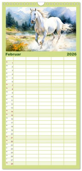 Produktbild: Familienplaner 2026 - Anmutige Schimmel. &Auml;sthetik Aquarell-Pferde mit 5 Spalten (Wandkalender, 21 x 45 cm) CALVENDO