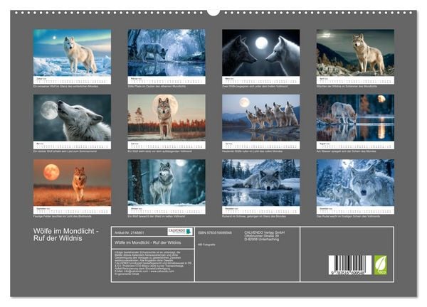 Produktbild: W&ouml;lfe im Mondlicht - Ruf der Wildnis (hochwertiger Premium Wandkalender 2026 DIN A2 quer), Kunstdruck in Hochglanz