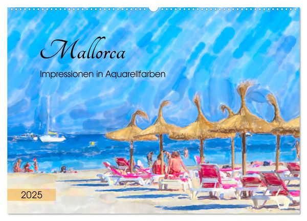 Mallorca - Impressionen in Aquarellfarben (Wandkalender 2025 DIN A2 quer), CALVENDO Monatskalender