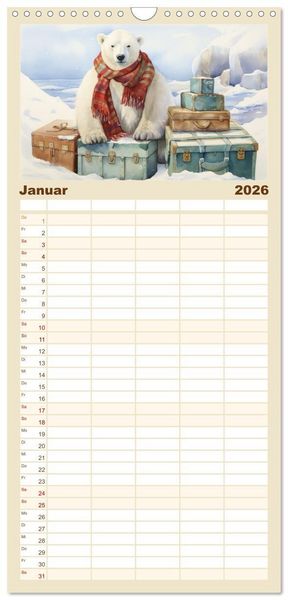 Produktbild: Familienplaner 2026 - Eisb&auml;r Eik auf Europareise mit 5 Spalten (Wandkalender, 21 x 45 cm) CALVENDO