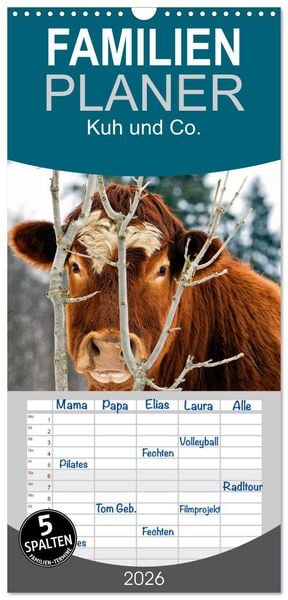 Produktbild: Familienplaner 2026 - Kuh und Co. mit 5 Spalten (Wandkalender, 21 x 45 cm) CALVENDO