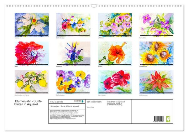 Produktbild: Blumenjahr - Bunte Bl&uuml;ten in Aquarell (Wandkalender 2026 DIN A2 quer), CALVENDO Monatskalender