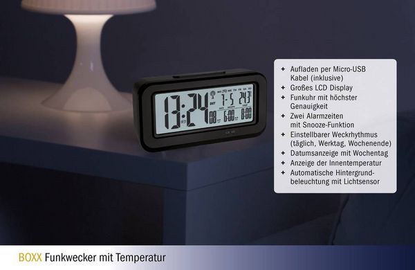 Produktbild: TFA Dostmann 60.2554.01 Funk Wecker Schwarz Alarmzeiten 2 Gro&szlig;es Display
