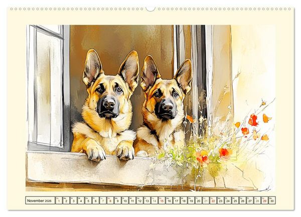 Produktbild: Deutsche Sch&auml;ferhunde. Majest&auml;tische W&auml;chter im Aquarell-Stil (hochwertiger Premium Wandkalender 2026 DIN A2 quer), Kunstdruck in Hochglanz