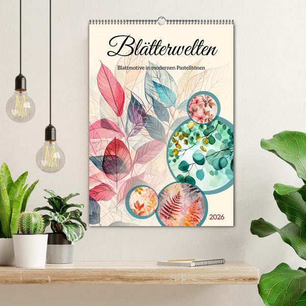 Produktbild: Bl&auml;tterwelten - Blattmotive in modernen Pastelt&ouml;nen (Wandkalender 2026 DIN A2 hoch), CALVENDO Monatskalender
