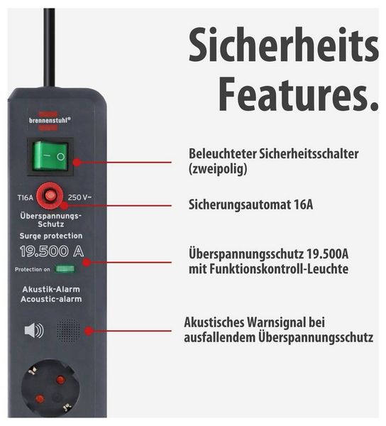 Produktbild: Brennenstuhl 1159540376 &Uuml;berspannungsschutz-Steckdosenleiste 6fach Anthrazit Schutzkontakt 1 St.