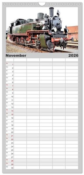 Produktbild: Familienplaner 2026 - Dampflok-Nostalgie - schwere Lokomotiven mit 5 Spalten (Wandkalender, 21 x 45 cm) CALVENDO