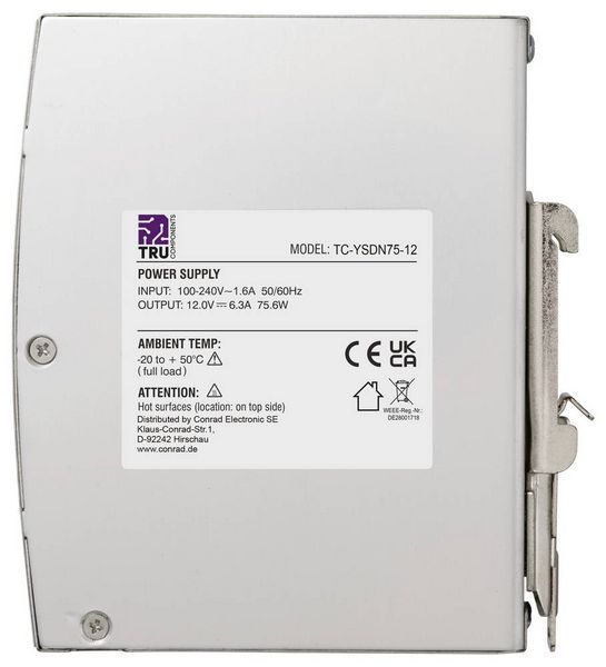 Produktbild: TRU COMPONENTS TC-13804588 Hutschienen-Netzteil (DIN-Rail) 12 V/DC 6.3 A 75.6 W Anzahl Ausg&auml;nge:1 x Inhalt 1 St.