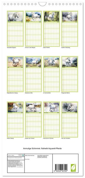 Produktbild: Familienplaner 2026 - Anmutige Schimmel. &Auml;sthetik Aquarell-Pferde mit 5 Spalten (Wandkalender, 21 x 45 cm) CALVENDO