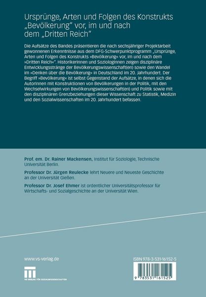 Produktbild: Urspr&uuml;nge, Arten und Folgen des Konstrukts "Bev&ouml;lkerung" vor, im und nach dem "Dritten Reich"