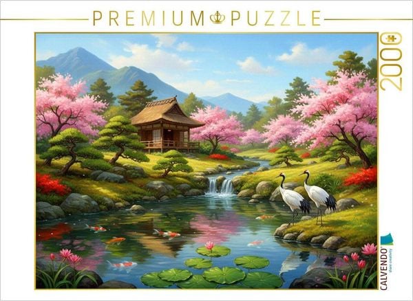 CALVENDO Puzzle Japanische Stille mit Kranichen und Kirschbäumen | 2000 Teile Lege-Größe 90x67cm Foto-Puzzle für glückliche Stunden