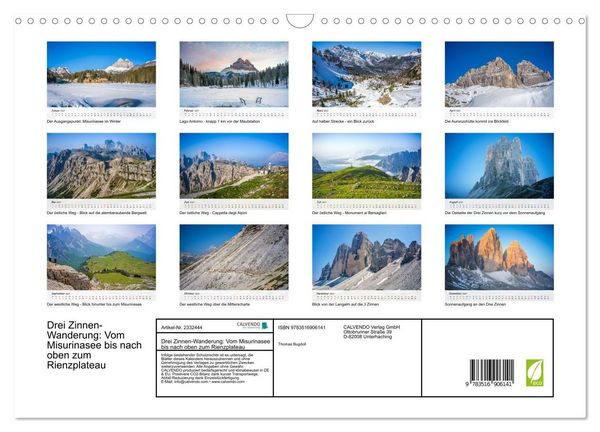 Produktbild: Drei Zinnen-Wanderung: Vom Misurinasee bis nach oben zum Rienzplateau (Wandkalender 2027 DIN A3 quer), CALVENDO Monatskalender