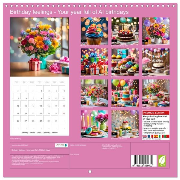 Produktbild: Birthday feelings - Your year full of AI birthdays (Wall Calendar 2026 12 &times; 12 Inch) CALVENDO 12 Month Wall Calendar