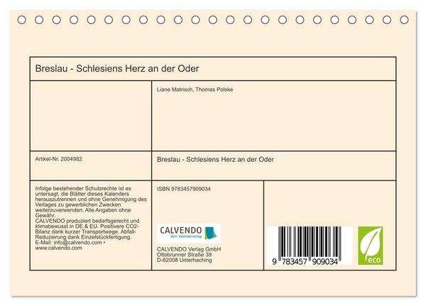 Produktbild: Breslau - Schlesiens Herz an der Oder (Tischkalender 2026 DIN A5 quer), CALVENDO Monatskalender