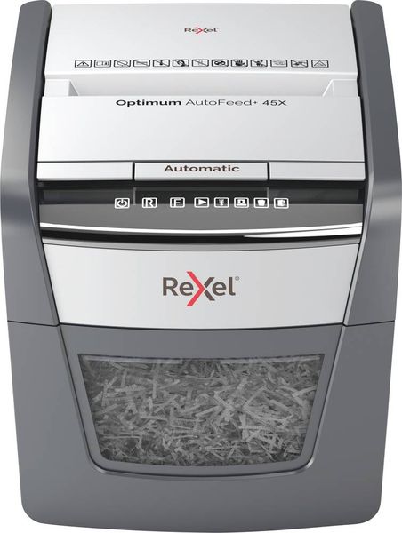 Rexel Optimum AutoFeed 45X Aktenvernichter 45 Blatt Partikelschnitt 4 x 28 mm P-4 20 l Vernichtet auch Büroklammern, Hef