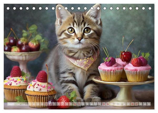 Produktbild: S&uuml;&szlig;e Naschkatzen - Pelzige Leckerm&auml;ulchen zwischen s&uuml;&szlig;en Desserts und Torten (Tischkalender 2026 DIN A5 quer), CALVENDO Monatskalender