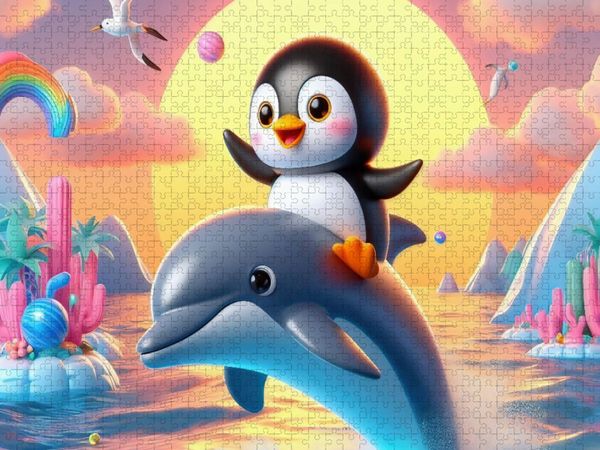Produktbild: CALVENDO Puzzle Ein Delphin als Fortbewegungsmittel f&uuml;r einen kleinen Pinguin | 2000 Teile Lege-Gr&ouml;&szlig;e 90x67cm Foto-Puzzle f&uuml;r gl&uuml;ckliche Stunden