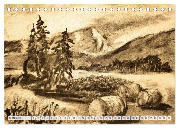 Produktbild: Pausen f&uuml;r deine Seele - Seelenlandschaften in Sepia - Ein Jahr der Ruhe mit Kohlezeichnungen (Tischkalender 2026 DIN A5 quer), CALVENDO Monatskalender