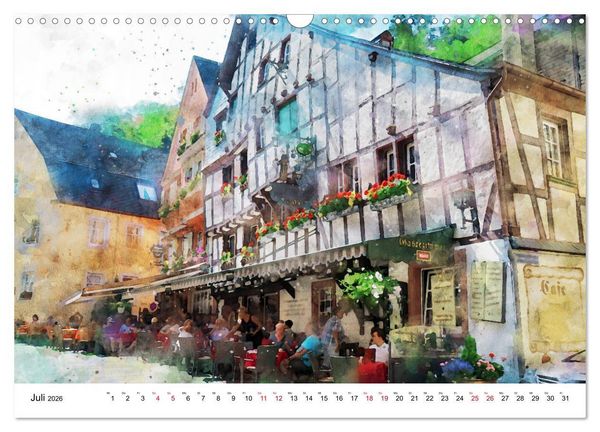 Produktbild: Bernkastel-Kues - Stadtrundgang in Aquarell (Wandkalender 2026 DIN A3 quer), CALVENDO Monatskalender