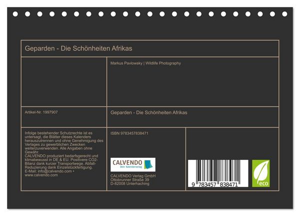 Produktbild: Geparden - Die Sch&ouml;nheiten Afrikas (Tischkalender 2026 DIN A5 quer), CALVENDO Monatskalender