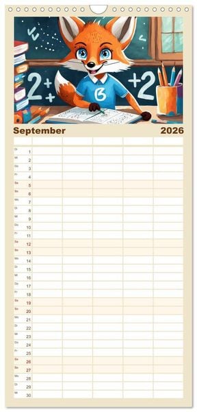 Produktbild: Familienplaner 2026 - Schlaufuchs - Abenteuer Schule mit 5 Spalten (Wandkalender, 21 x 45 cm) CALVENDO