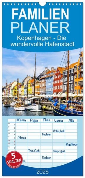 Produktbild: Familienplaner 2026 - Kopenhagen - Die wundervolle Hafenstadt mit 5 Spalten (Wandkalender, 21 x 45 cm) CALVENDO