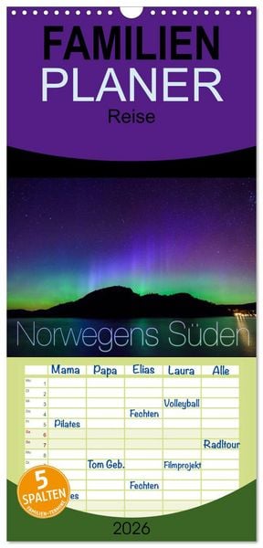 Produktbild: Familienplaner 2026 - Norwegens S&uuml;den mit 5 Spalten (Wandkalender, 21 x 45 cm) CALVENDO