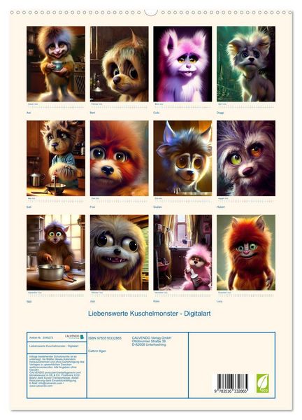 Produktbild: Liebenswerte Kuschelmonster - Digitalart (hochwertiger Premium Wandkalender 2026 DIN A2 hoch), Kunstdruck in Hochglanz